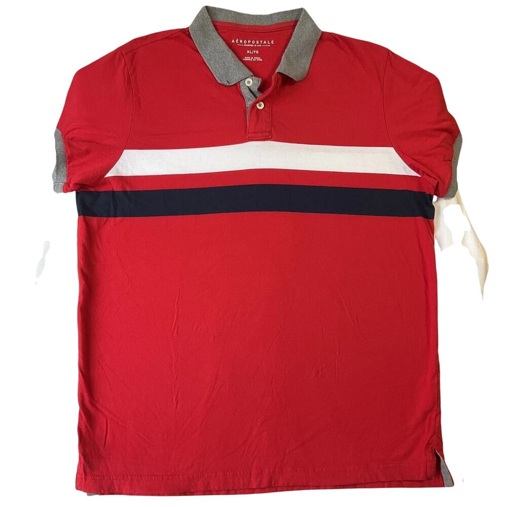 Aeropostale Men Polo Size XL Red Colorblock Button Short Sleeve 100% Cotton
